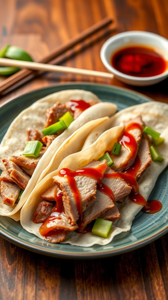 Peking Duck pancakes filled with duck, cucumber, and scallions, served with hoisin sauce.